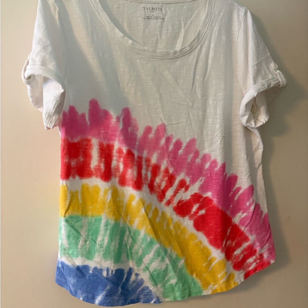 Talbots White Scoop Neck Tie-Dye Tee with Rainbow Arcs